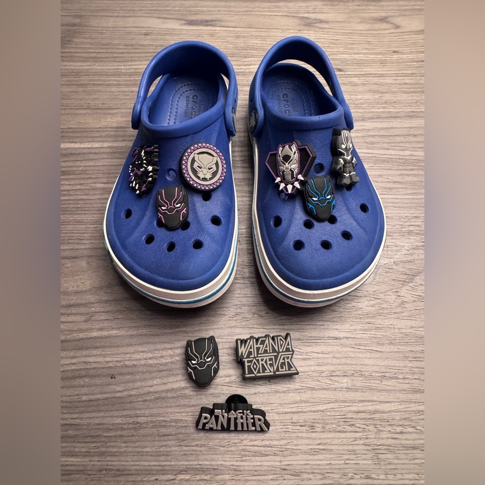 CROCS Kids Blue Slip-On Clogs with Marvel Black Panther Charms